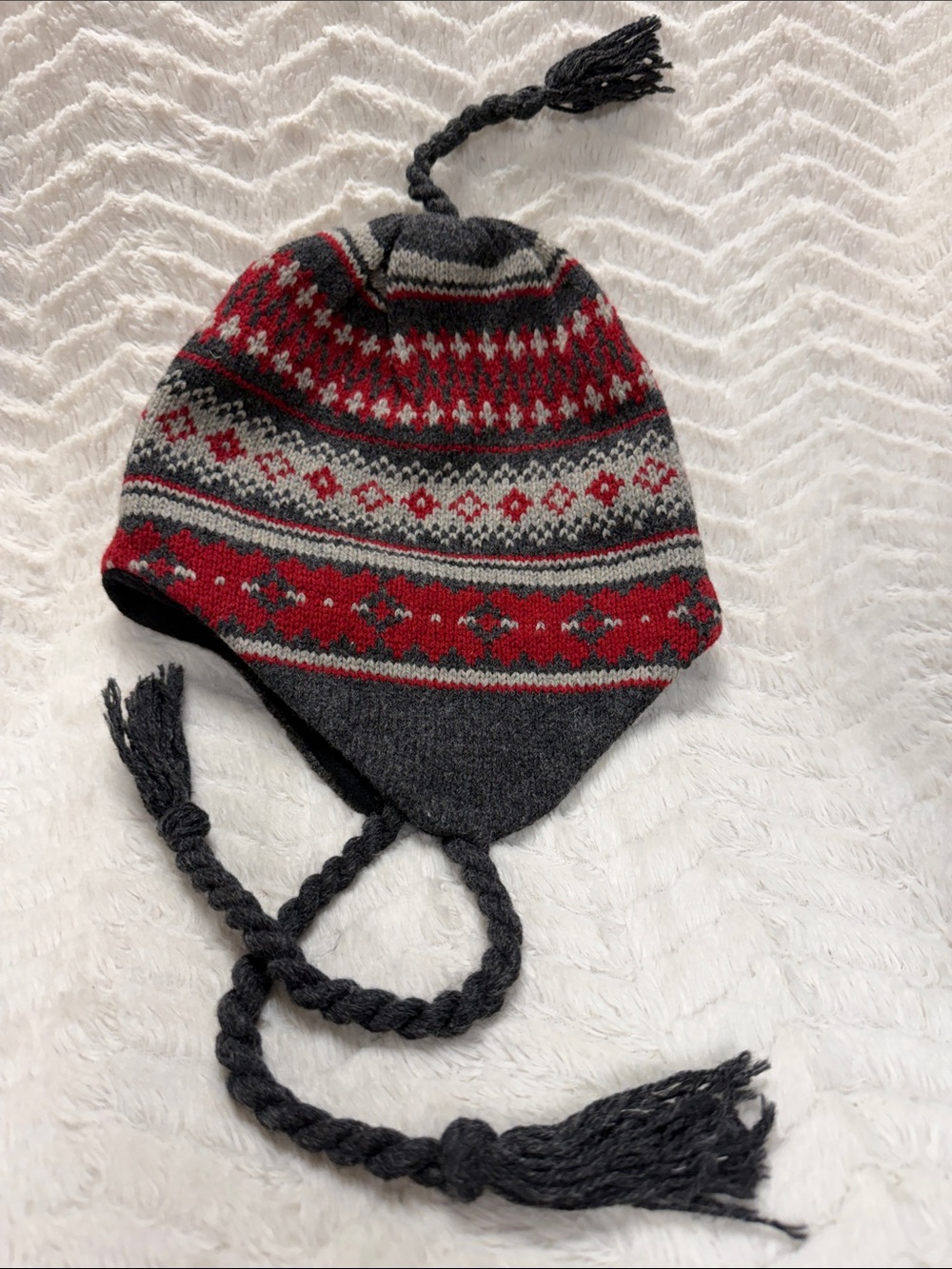 Kids Maroon/ Gray Fair Isle Soft Warn Winter Earflap Hat, Braided Ties - Large